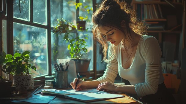 Woman Writing In Notebook By Window With Plants