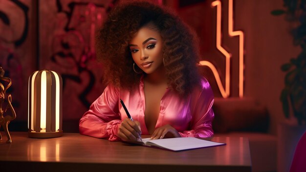 Woman Writing in Notebook at Table