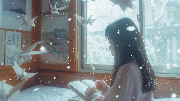 Photo woman writing in notebook with origami cranes and snow falling