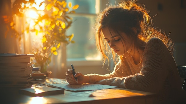 Woman Writing In Notebook With Pen In Golden Sunlight