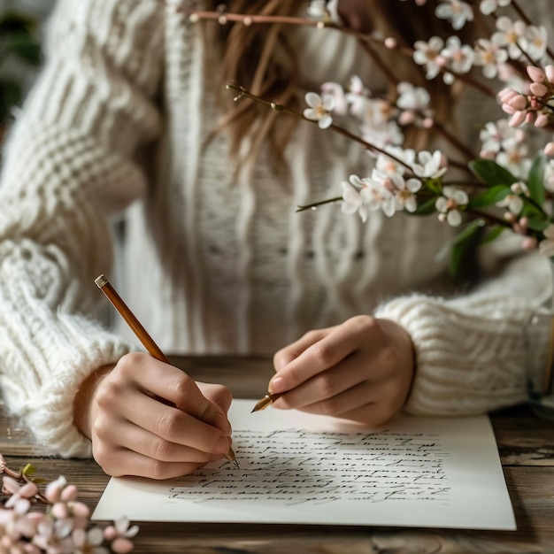 a woman writing in a notebook with a pen in her hand