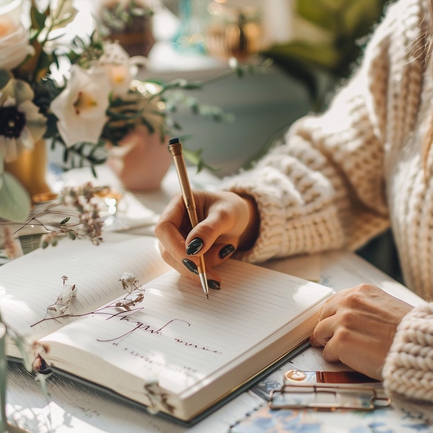 Photo a woman writing on a notebook with a pen in her hand