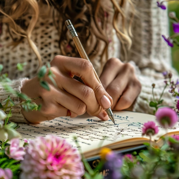 a woman writing on a notebook with a pen in it