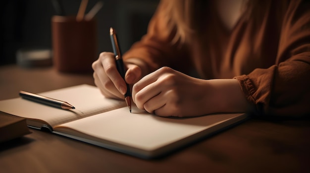 A woman writing in a notebook with a pen.