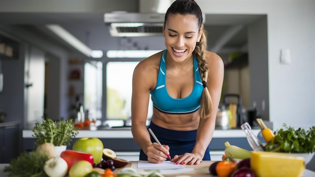 a woman writing on a paper with a pen and a bunch of fruits and vegetables