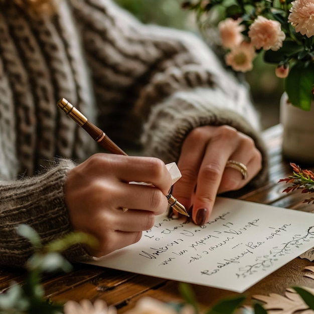 Photo a woman writing on a piece of paper with the words we visit we are here