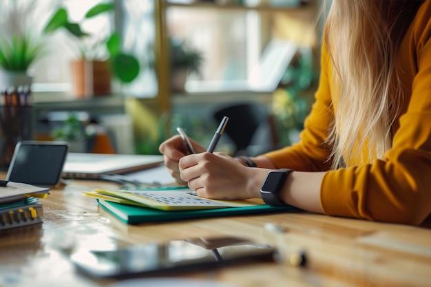 Photo woman writing planner office desk