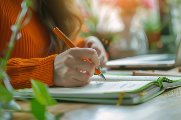 Photo woman writing planner office desk