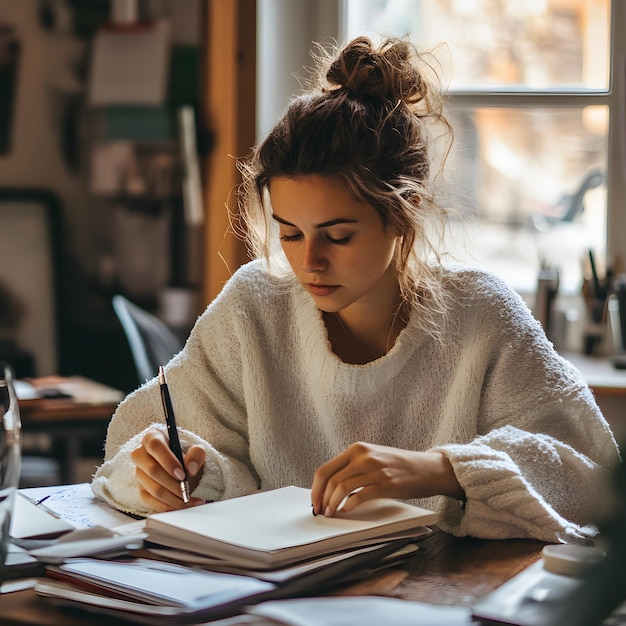 a woman writing in a white sweater with a pen in her hand