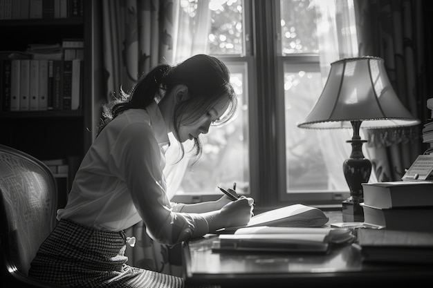 Photo woman writing at window with lamp