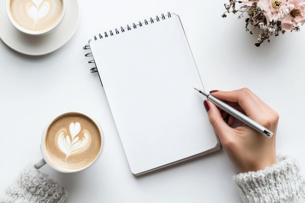 Woman writing with pen on blank notebook with coffee over white background