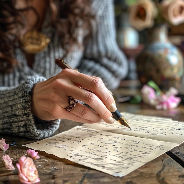 a woman writing with a pen on a piece of paper with a pen