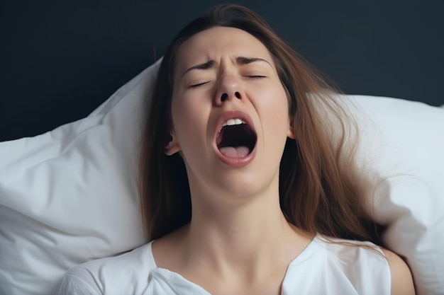 A woman yawning on a bed with a dark background