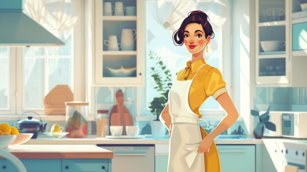 Photo a woman in a yellow apron stands in a kitchen with a window behind her