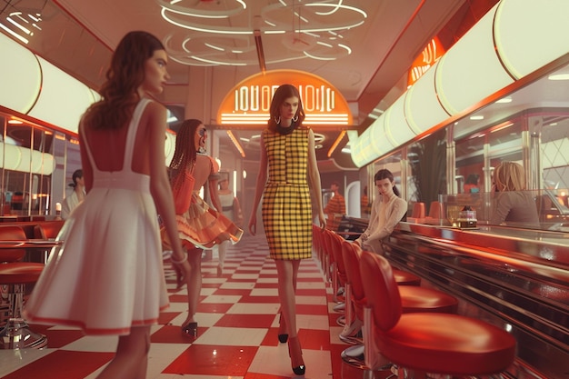 a woman in a yellow and black dress stands in a room with a sign that says  pom