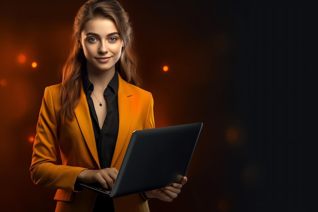 A woman in a yellow blazer holds a laptop in front of a black background