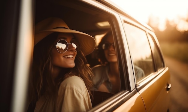 A woman in a yellow car with a hat and sunglasses sits in a car.