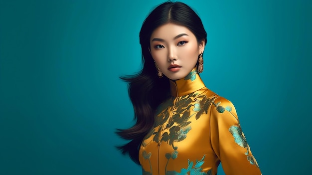 A woman in a yellow chinese dress