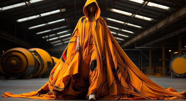 Woman in yellow cloak stands in warehouse with her hands in the pockets of her cloak