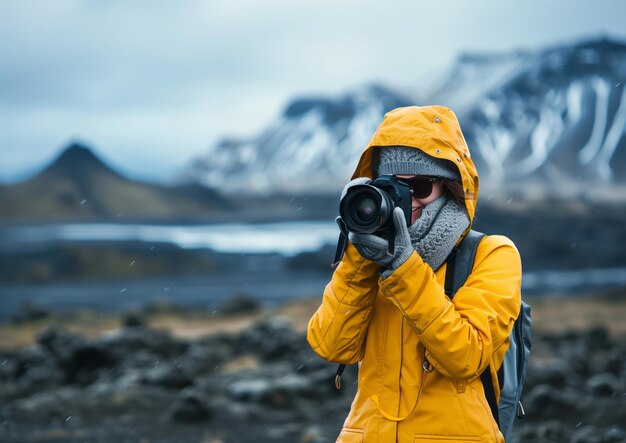 Photo a woman in a yellow coat captures the beauty of the landscape with her camera