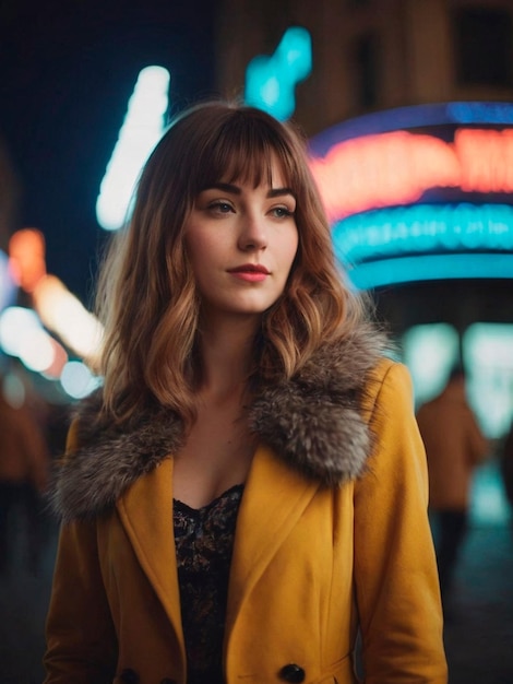 Woman in yellow coat in the city