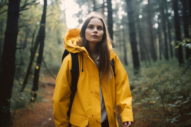 Woman yellow coat hiking Generate Ai