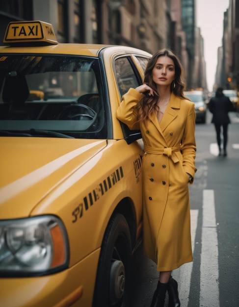 a woman in a yellow coat is standing in front of a taxi