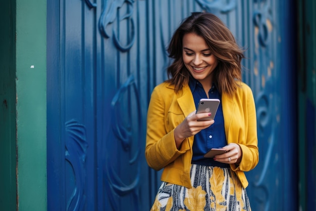 A woman in a yellow coat is using a phone.