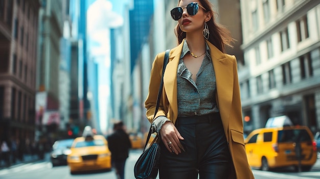 a woman in a yellow coat is walking down a street