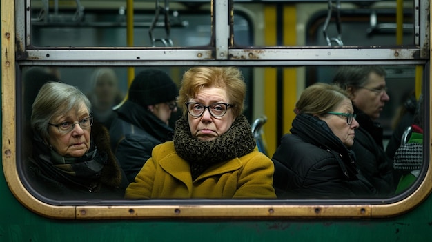 A woman in a yellow coat sits on a train with her head down