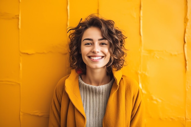 A woman in a yellow coat smiles at the camera