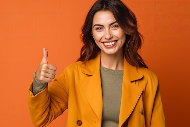 A woman in a yellow coat smiles and shows a thumbs up.