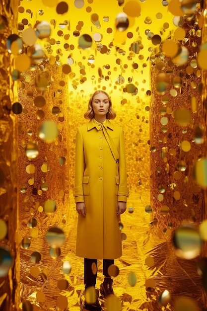 Woman in yellow coat standing in front of yellow wall with circles Generative AI