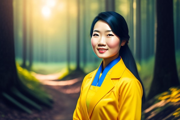 A woman in a yellow coat stands in a forest.