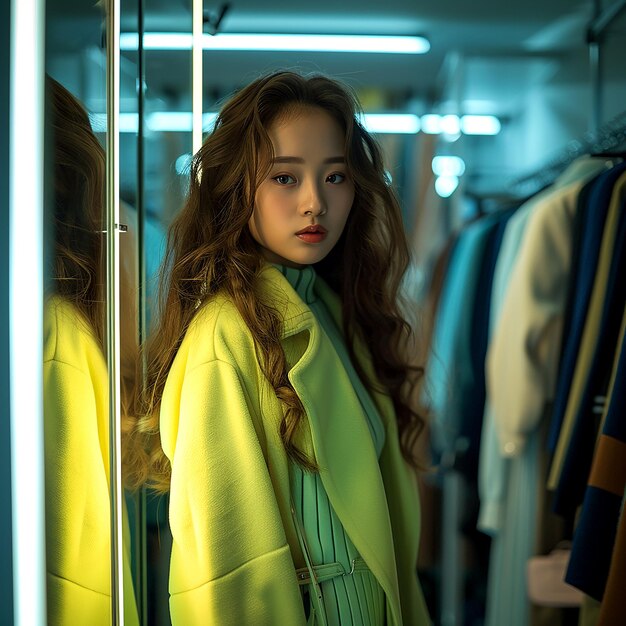 Photo a woman in a yellow coat stands in front of a row of jackets