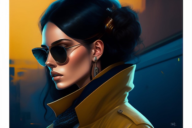 A woman in a yellow coat and sunglasses looks at the camera.