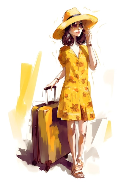 A woman in a yellow dress and hat is holding a suitcase and wearing a hat