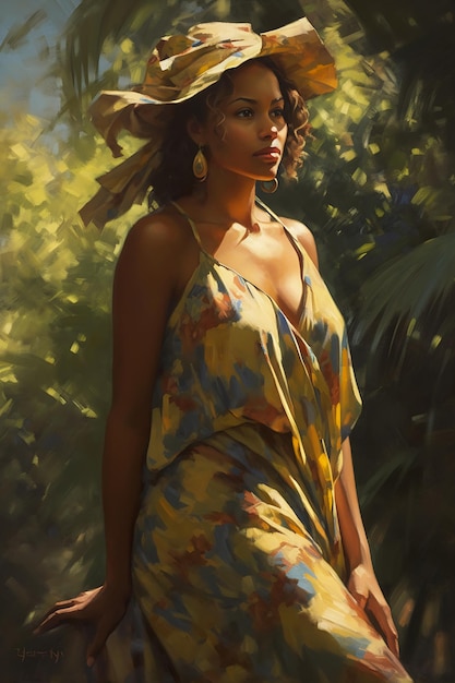 A woman in a yellow dress and hat is lit by the black of the jun