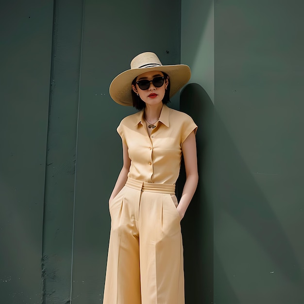 Photo a woman in a yellow dress and hat is posing in front of a green wall generate by ai