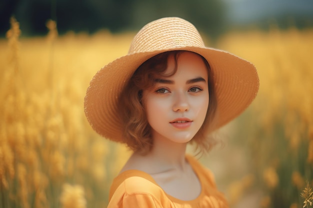 A woman in a yellow dress and a hat stands in a field of flowers.