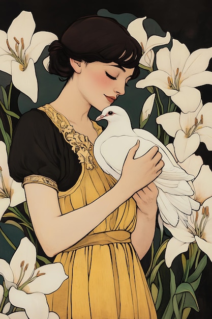 Photo woman in a yellow dress holding a white dove among white lilies