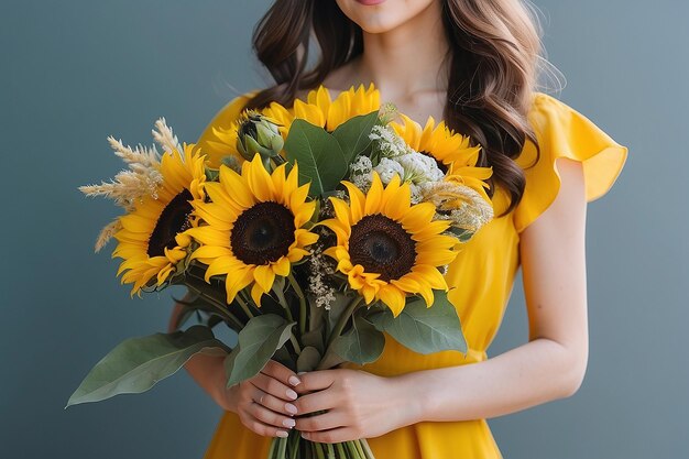 Photo a woman in a yellow dress holds a bouquet of sunflowers