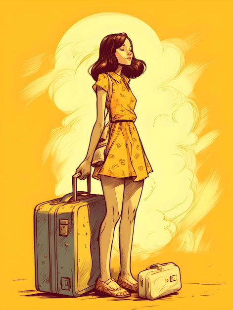 A woman in a yellow dress is holding a suitcase and standing next to her