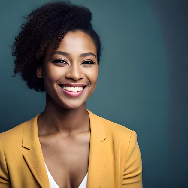 A woman in a yellow dress is posing for a portrait beautiful woman with makeup and hairstyle