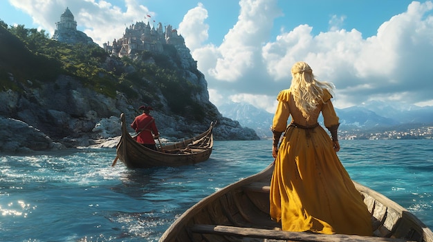 a woman in a yellow dress is rowing a canoe with a man in a yellow dress on the back