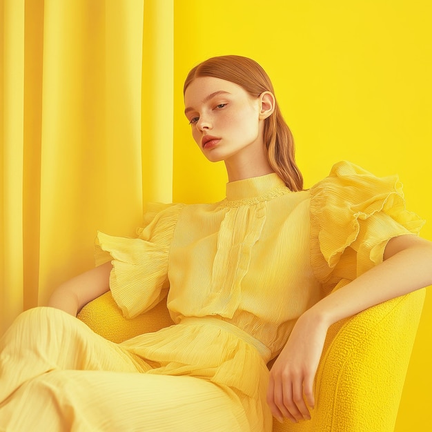 a woman in a yellow dress is sleeping in front of a yellow curtain