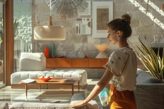 Photo a woman in a yellow dress is standing in front of a table with a lamp on it