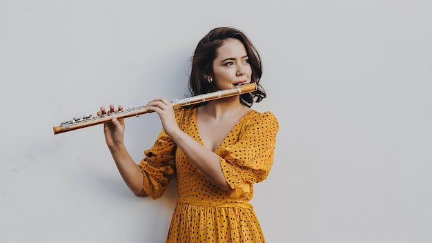 a woman in a yellow dress playing a flute