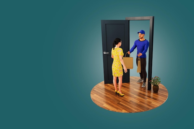 Woman in Yellow Dress Receiving Paper Packets from deliveryman at the door Text space front view