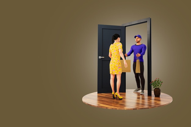 Woman in Yellow Dress Receiving Paper Packets from deliveryman at the door Text space front view